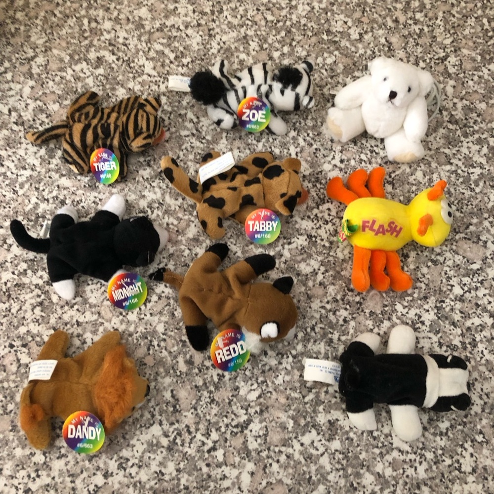 Beanie style plush mini animals bundle of 8 plus 1 jointed bear assorted colors
